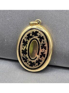 Antique Victorian Mourning Locket Pendant Black Enamel Clover Floral Gold Oval
